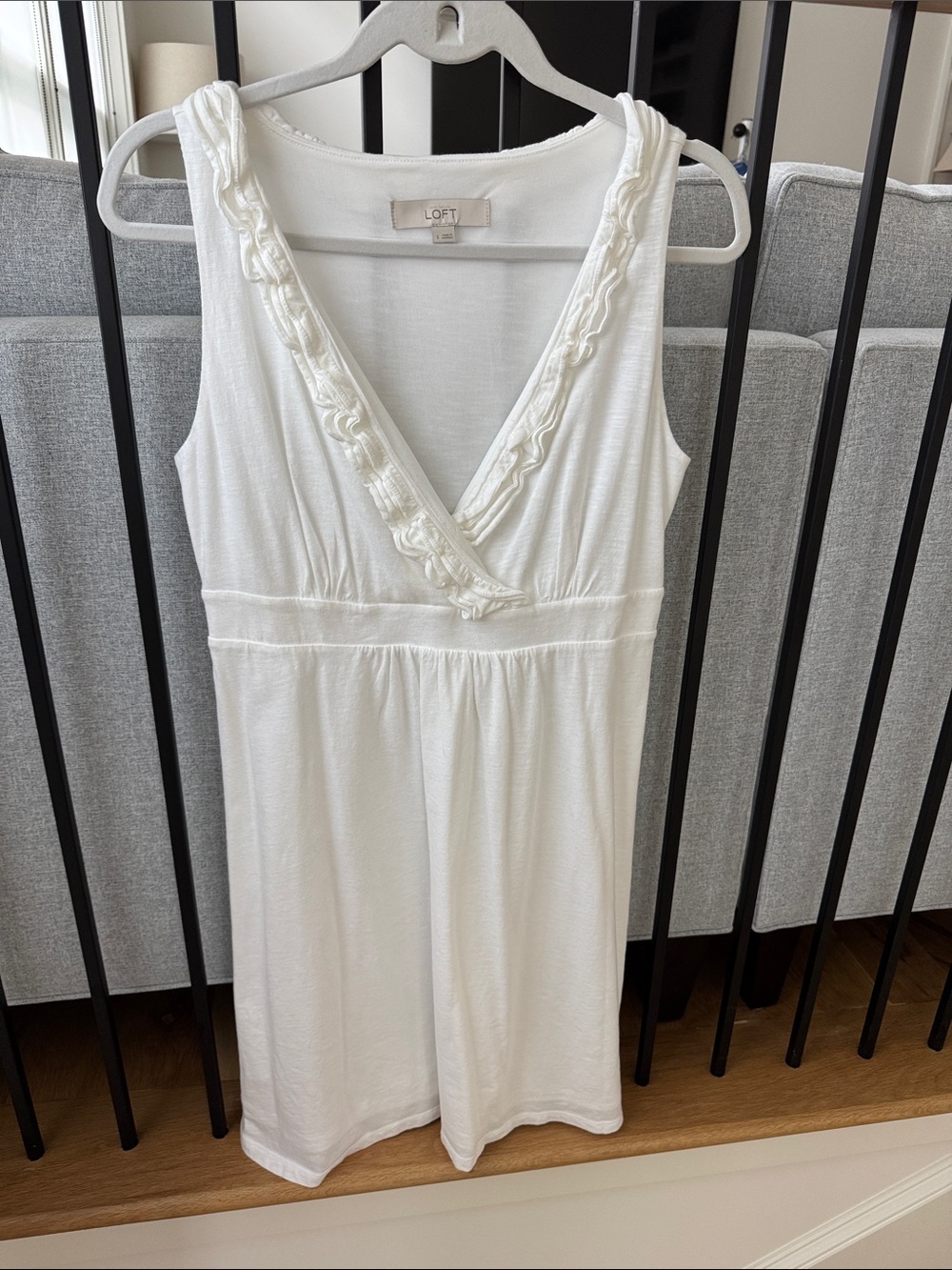 LOFT White V-Neck Ruffle Trim Sleeveless Dress
